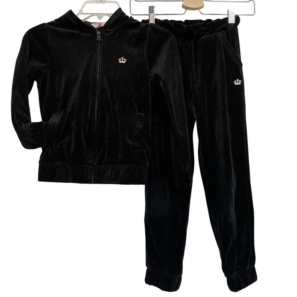Juicy by Juicy Couture Girls‎ Black Velour Tracksuit Hoodie & Pants Set 7/8 S